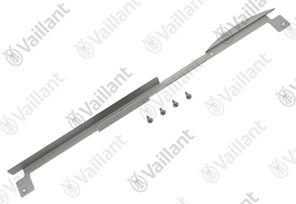 Halter der Marke Vaillant aus Edelstahl mit zwei montierten Halterungen und vier Schrauben zur Befestigung.
